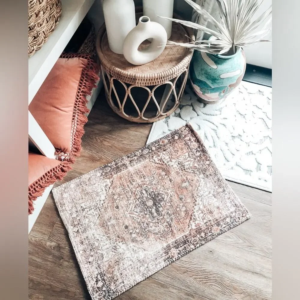 New washable boho terracotta + blush tones soft throw kitchen/bath rug doormat